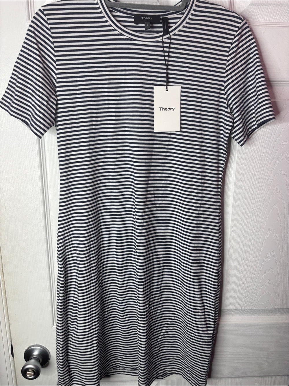 Theory Black and White Striped Short-Sleeve Longline Tee Dress